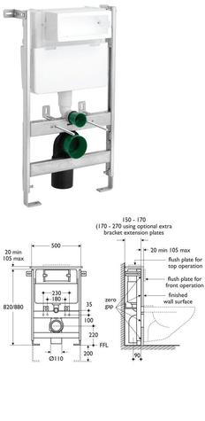 In-wall system 880mm high dual flush, top  or front operation