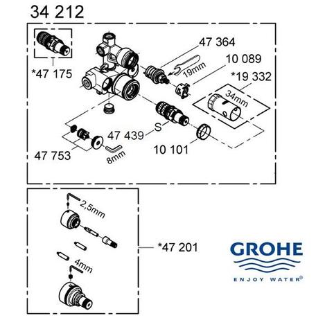 GROHE 34212 thermostatic concealed body (2006 to 2009 only) spare parts
