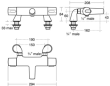 Ideal Standard A4816AA CERATHERM 100 exposed thermostatic bath/shower mixer with legs & M3 kit